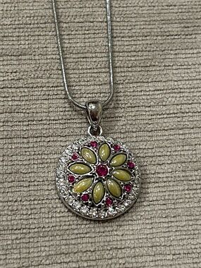 Silver-Tone Yellow Enamel Floral Pendant Necklace with Pink Accents